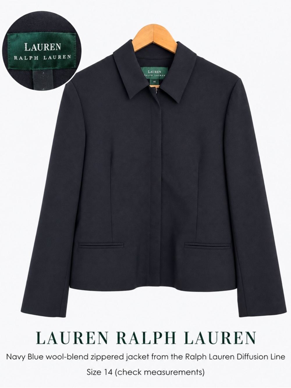 Lauren Ralph Lauren Navy Wool-Blend Zippered Jacket